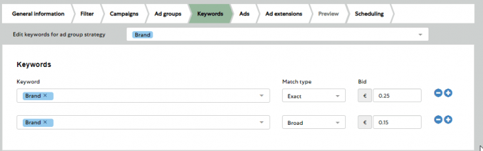 Search 3.0 Separate bids per keywords