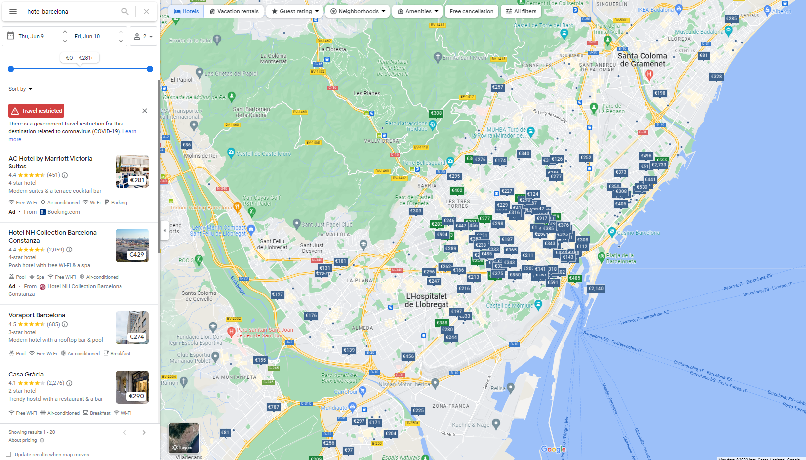 Example of Hotel ads campaigns within Google Maps