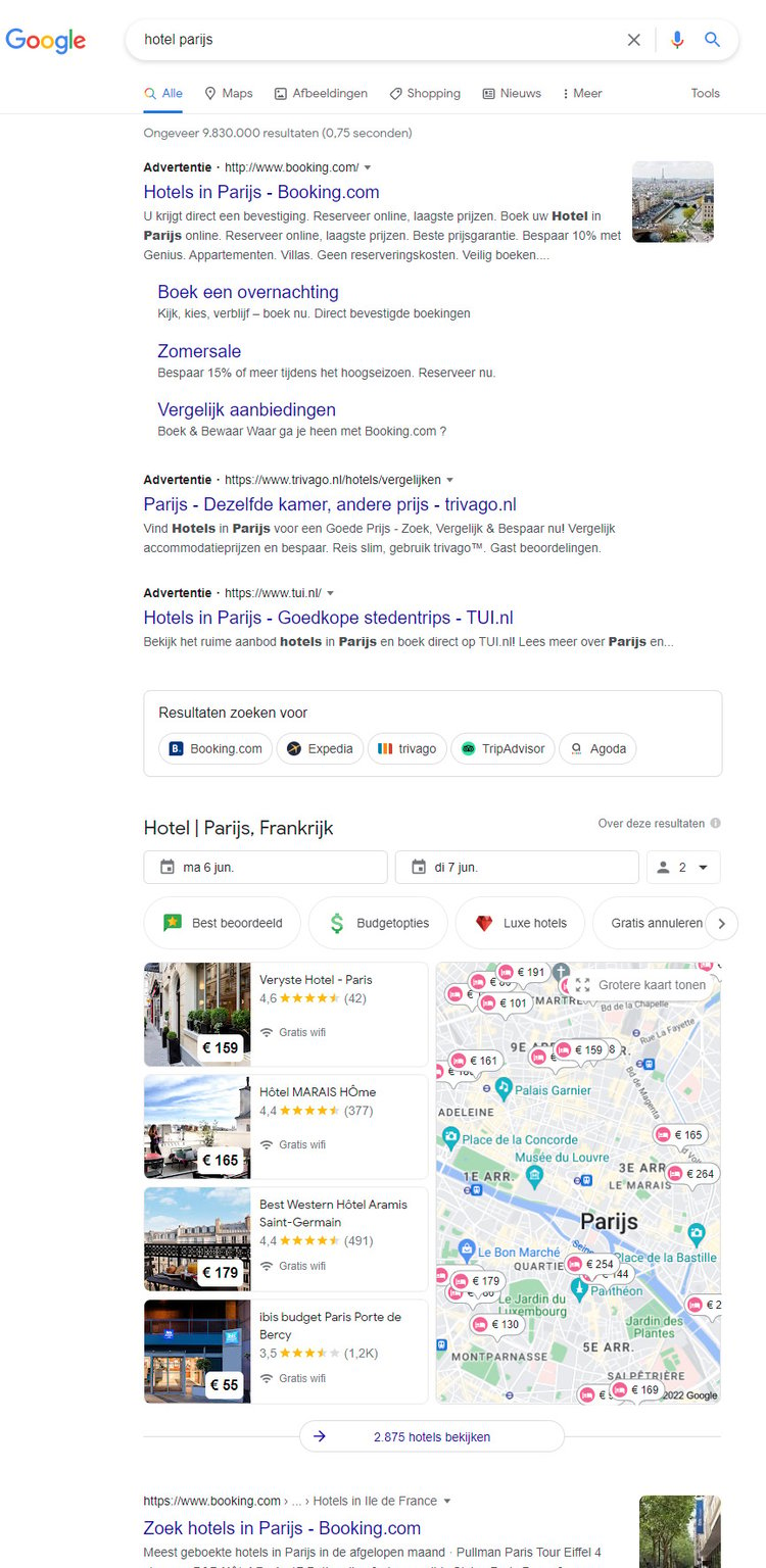 Voorbeeld van Hotel Ads bij algemene zoekopdracht in Google