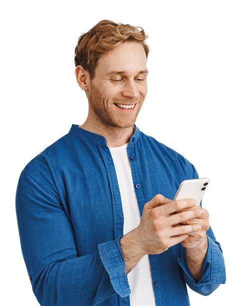 modern-candid-guy-with-phone-hands-chatting-message-read-screen-smiling-smartphone-display-while-using-application-standing-white-wall 1