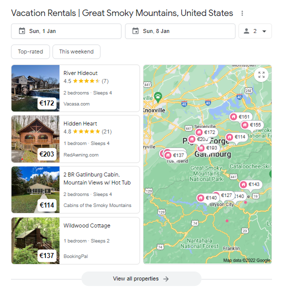 Ejemplo de Alquileres vacacionales de Google: Smoky Mountains