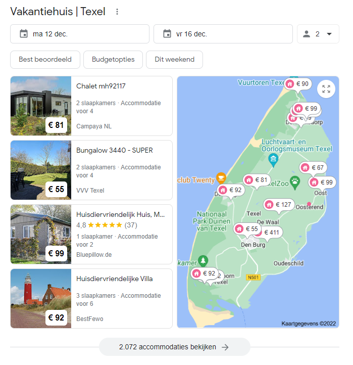 Google Vacation Rentals voorbeeld Texel